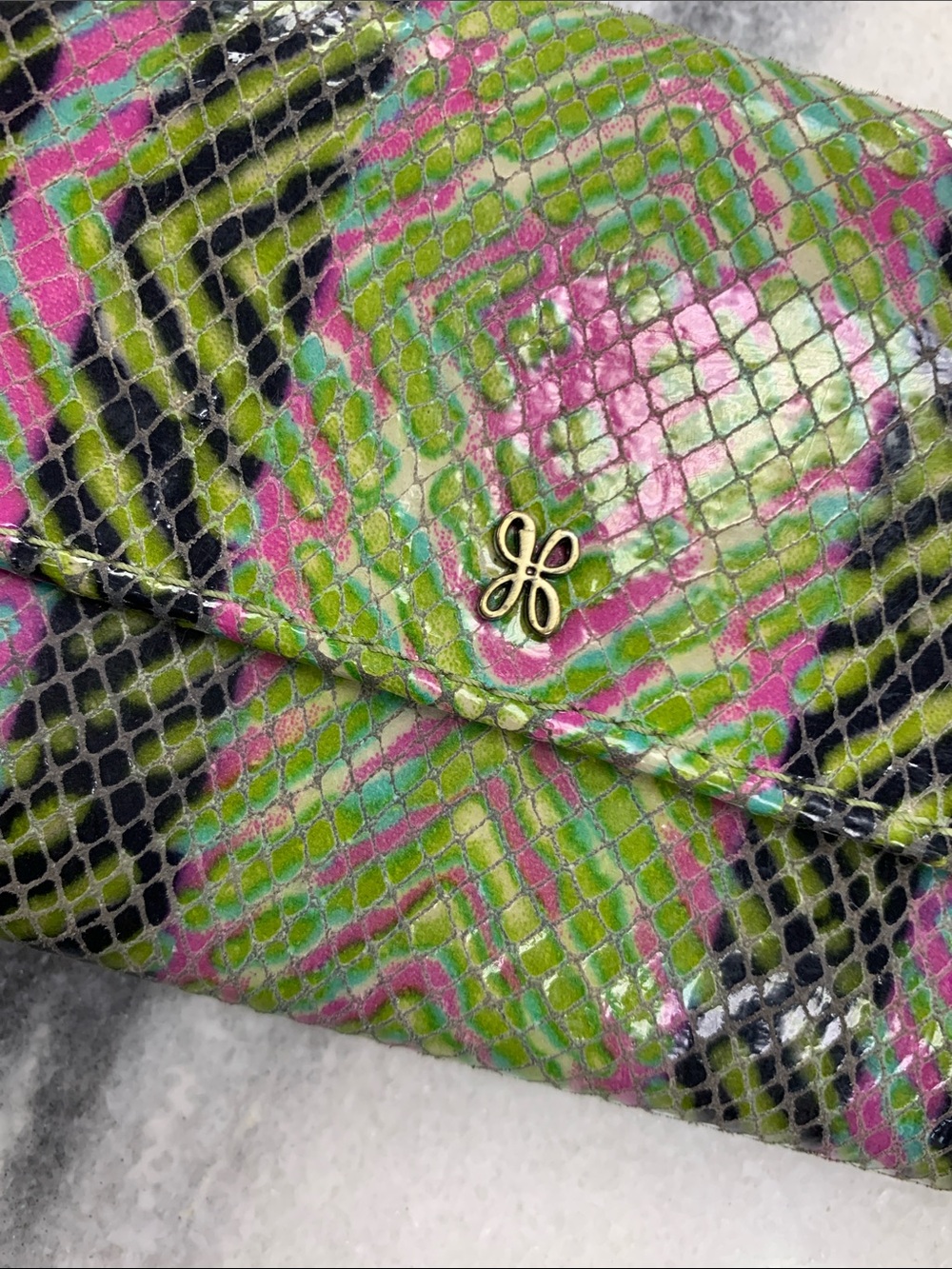 Women’s Snake-Embossed Foldover Wallet in Green & Pink - Picture 4 of 6
